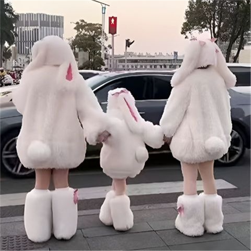 2026冬装女童可爱毛绒兔子套装亲子装母女秋冬季洋气加绒宝宝外套