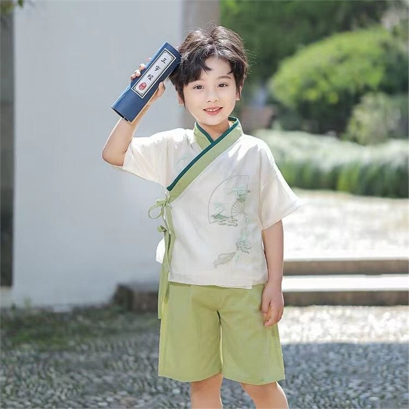 儿童汉服男童国学服夏季短袖天丝套装男孩中国风古装幼儿园表演服