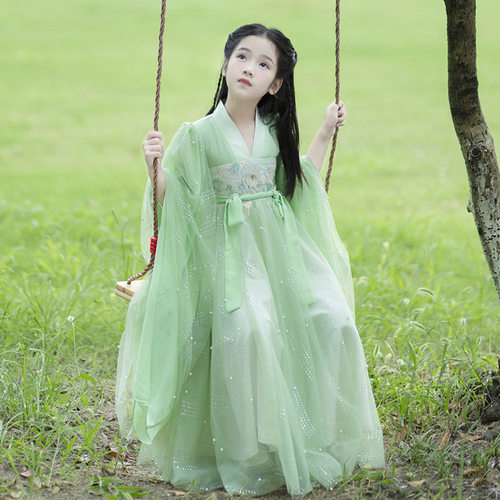 森系绿色新中式汉服女童2025新款古风超仙儿童古装大袖衫唐装汉服