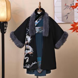 披 裘衣半袖 原创汉服仿狐狸毛领保暖加绒对襟袍男孩和成人装 冬季