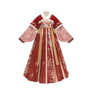 汉服女童冬新款国风唐装加绒加厚外套刺绣小女孩连衣裙拜年服套装