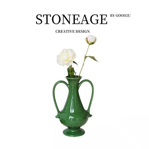 墨绿色双耳花瓶哥本哈根釉面花瓶复古景德镇华丽居家中号祖母绿瓶