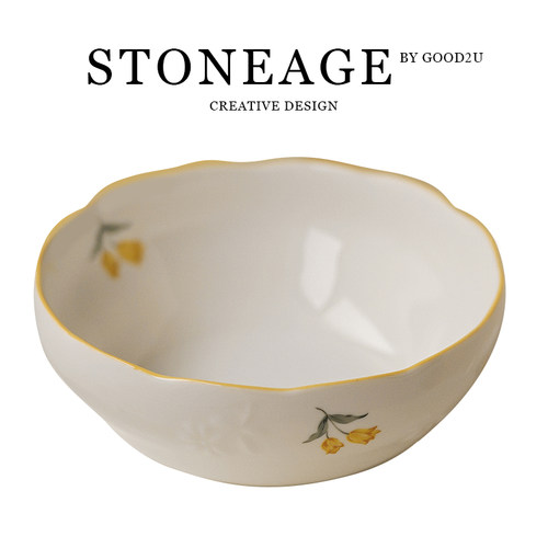 法式浮雕餐具手绘黄色郁金香陶瓷阔口碗家用米饭碗精致釉下彩饭碗