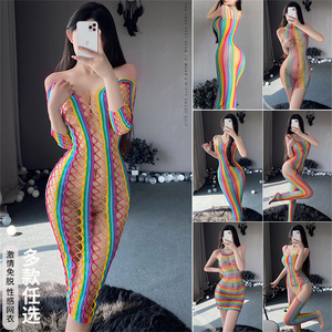粘你的猫：解锁新视角！彩色网衣性感显臀条纹线条透视镂空连体衣