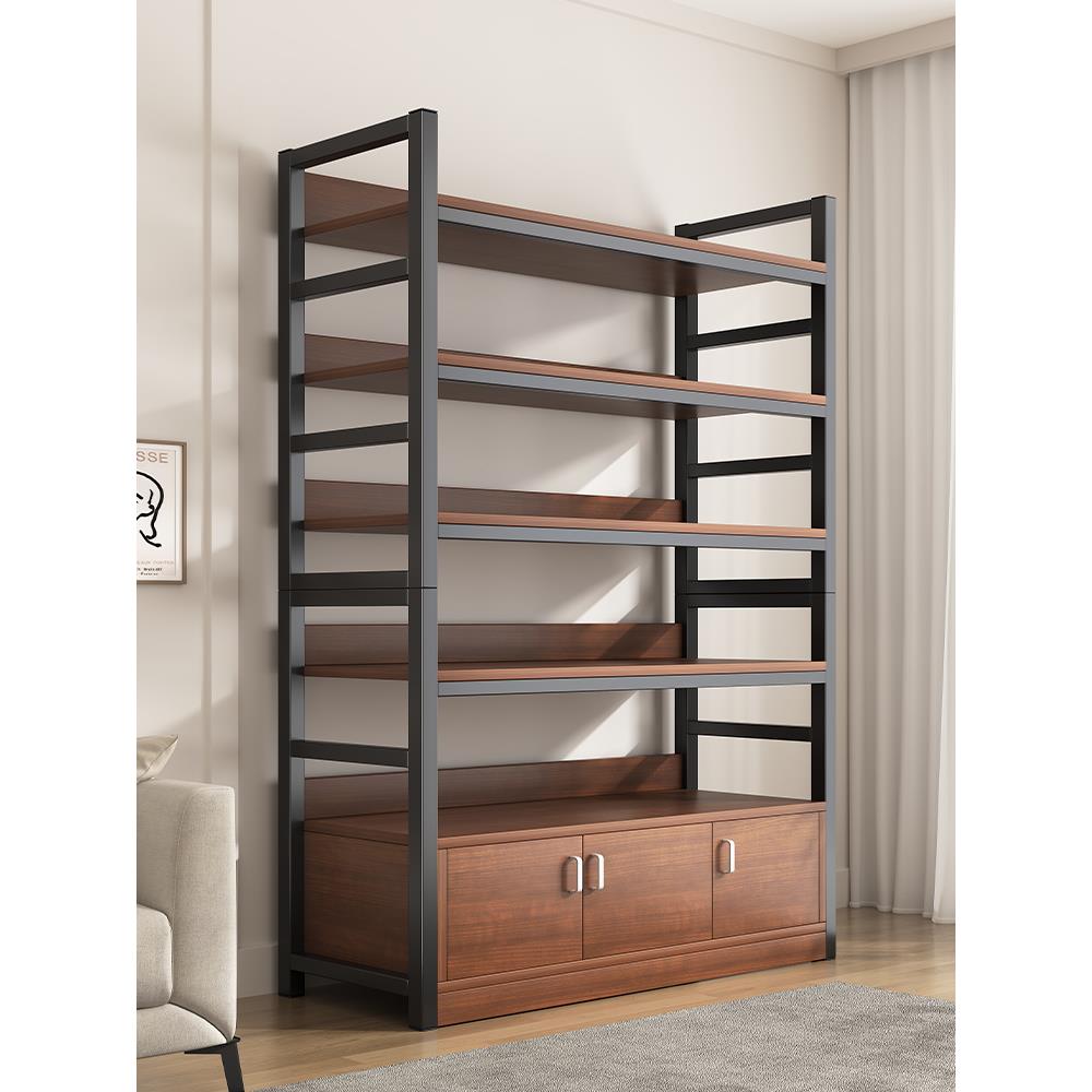 书架落地置物架客厅书柜储物柜一体靠墙多层钢木货架展示柜子带门