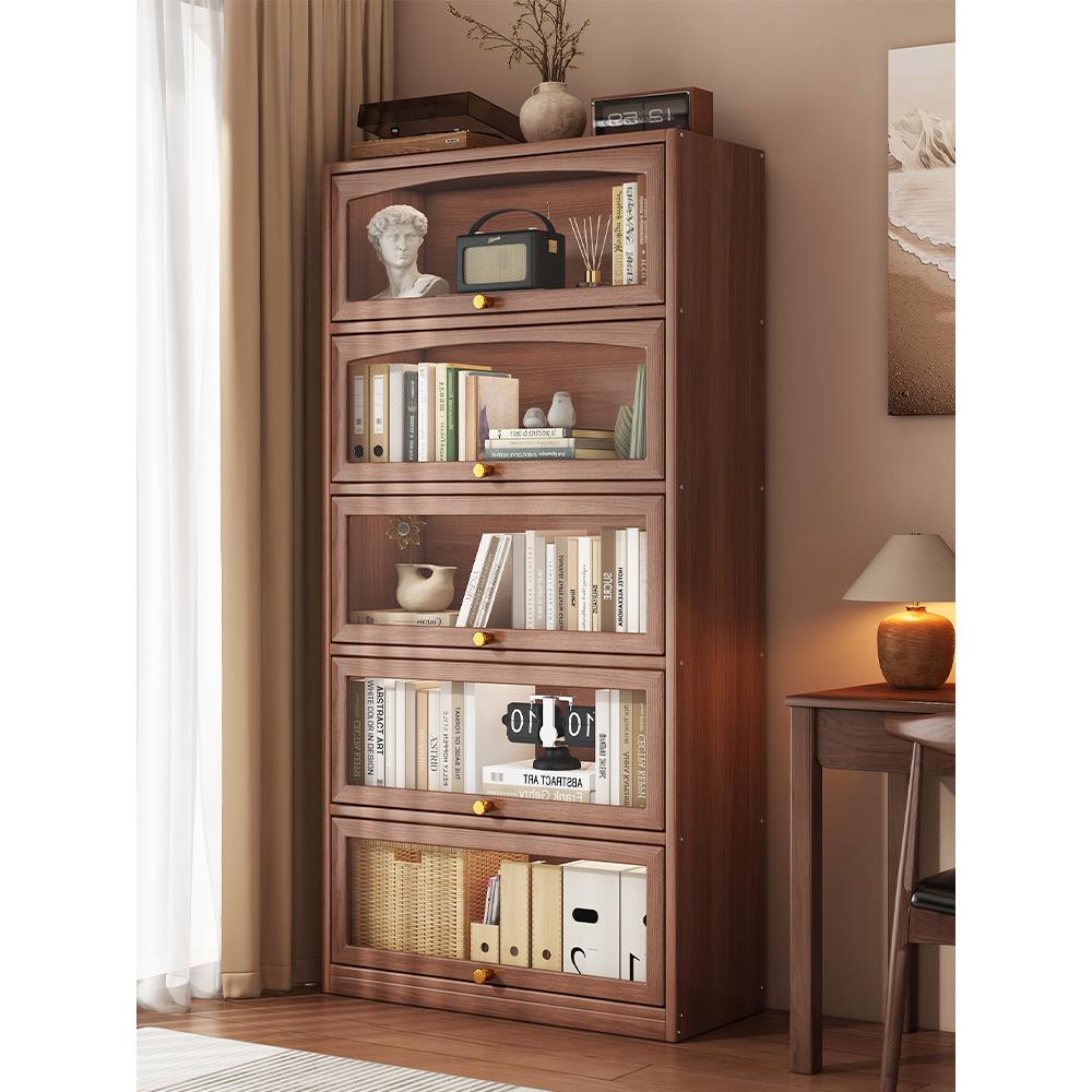 实木书架置物架客厅书柜储物柜一体靠墙收纳柜落地带门防尘展示柜