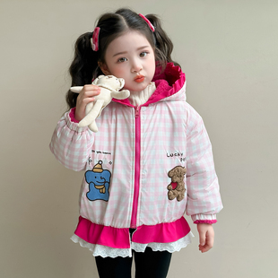 女童格子秋冬连帽加绒加厚保暖拉链洋气儿童上衣双面穿猫咪毛毛衣