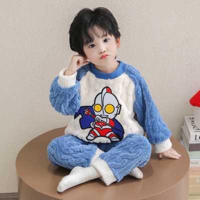 男童睡衣套装2025新款秋冬男宝宝珊瑚绒奥特曼家居服法兰绒保暖款