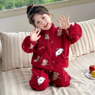 女童睡衣套装2025秋冬新款珊瑚绒保暖红色小狗休闲法兰绒拉链衫款
