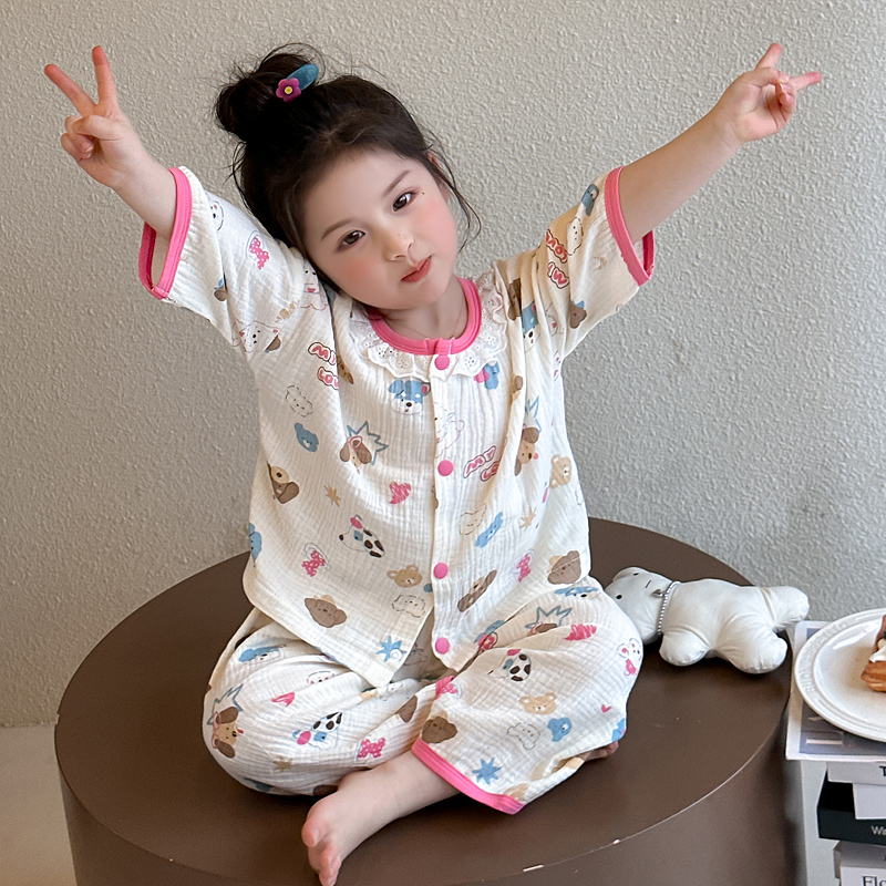 女童睡衣2025新款宝宝家居服薄款夏季长袖女孩棉纱开衫款套装儿童