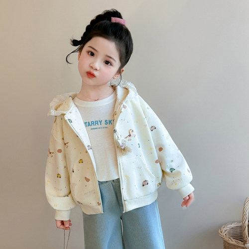 女童外套2026季连帽上衣春秋新款洋气小熊印花拉链开衫儿童百搭款