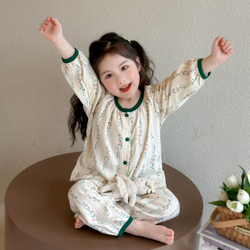 女童睡衣2026新品棉纱双色碎花春款洋气花边韩版款长袖家居服套装
