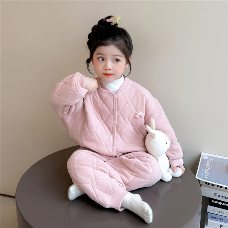 女童睡衣外出服校园神器三层夹棉套装秋冬加厚家居服小童保暖开衫
