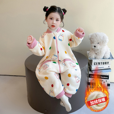 女童睡衣2025新款秋冬珊瑚绒保暖双层加厚法兰绒家居服连体衣睡袋
