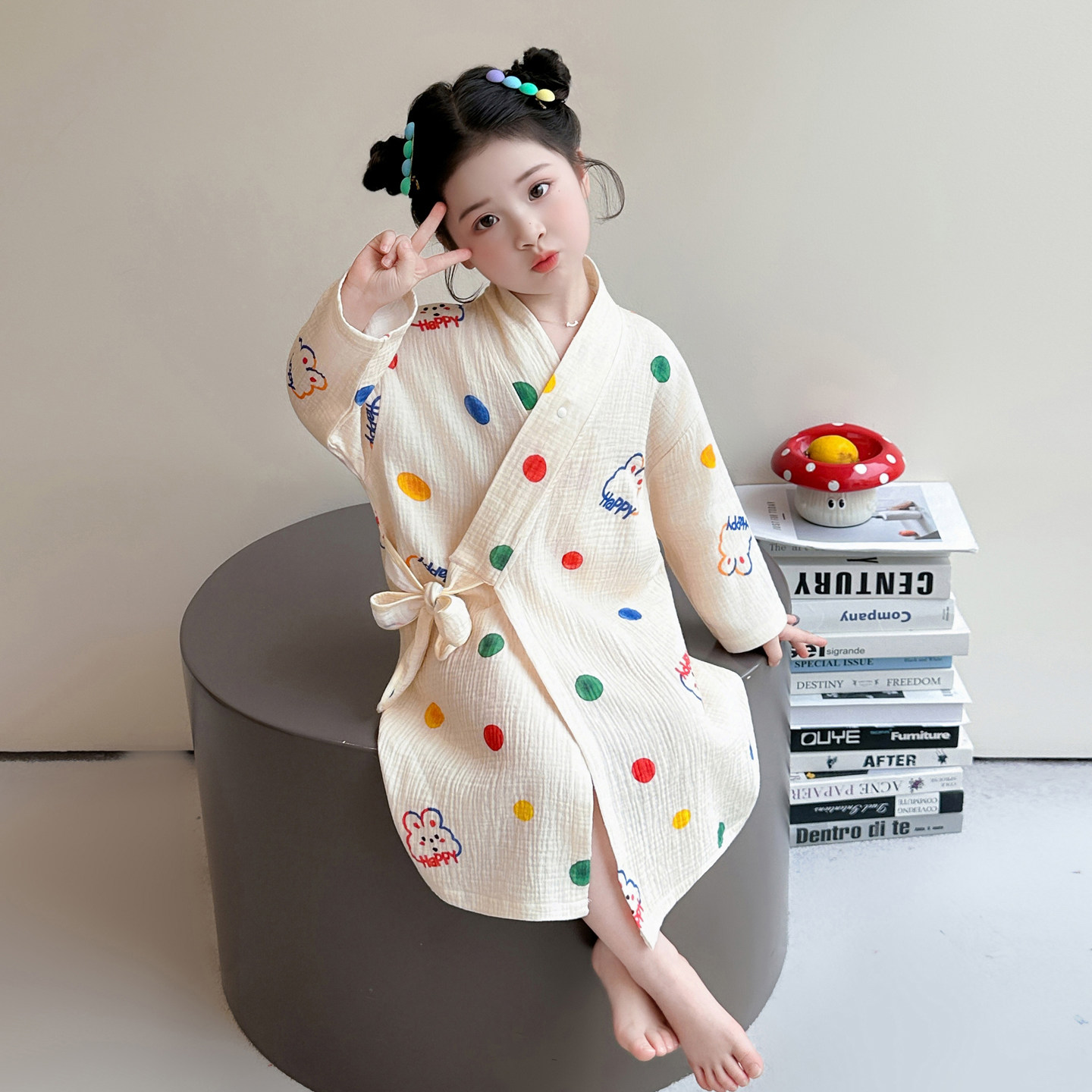 女童睡衣卡通睡袍春秋新款可爱圆点长袖系带浴袍可爱女宝宝家居服