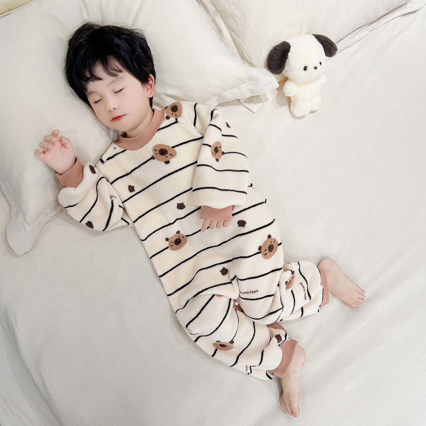 男童睡衣2025新款秋冬男宝宝连体条纹小熊法兰绒保暖家居服珊瑚绒