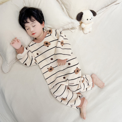男童睡衣2025新款秋冬男宝宝连体条纹小熊法兰绒保暖家居服珊瑚绒