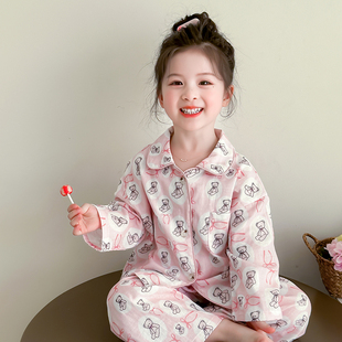 套装 女童家居服睡衣2025新款 女宝宝休闲可爱百搭可爱甜美纱布开衫