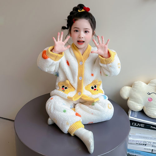 女童睡衣套装法兰绒秋冬季保暖开衫长袖女宝宝珊瑚绒儿童款家居服