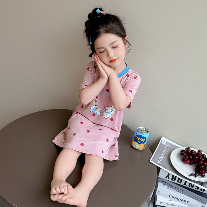 女童睡裙夏季短袖空调服女宝宝小童卡通新款冰丝莫代尔吊带款睡衣