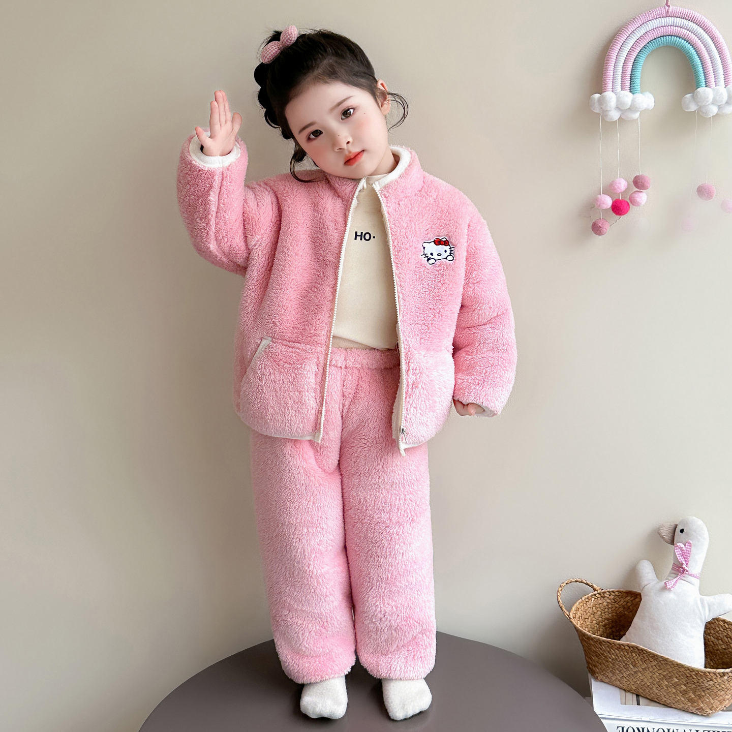 女童睡衣套装秋冬珊瑚绒保暖三层夹棉加绒加厚家居服法兰绒拉链衫