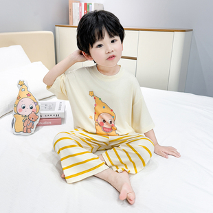 男童睡衣套装夏季家居服莫代尔儿童七分袖条纹长裤空调房款家居服