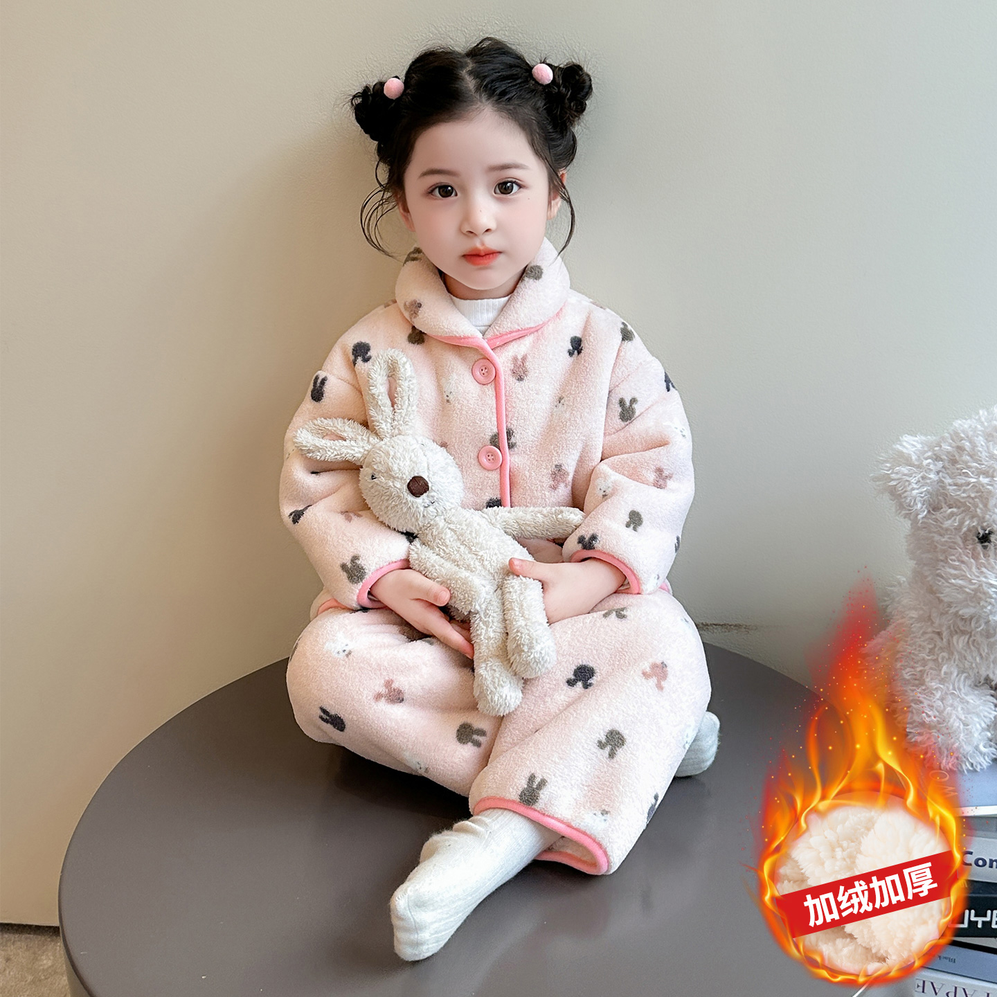 女童睡衣套装2025新秋冬法兰绒保暖家居服三层加厚加绒棉袄珊瑚绒