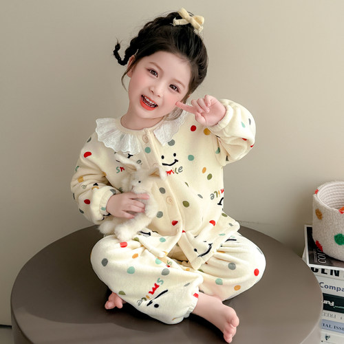 女童睡衣套装2025新款秋冬奥粒绒女宝宝休闲家居服保暖法兰绒两件