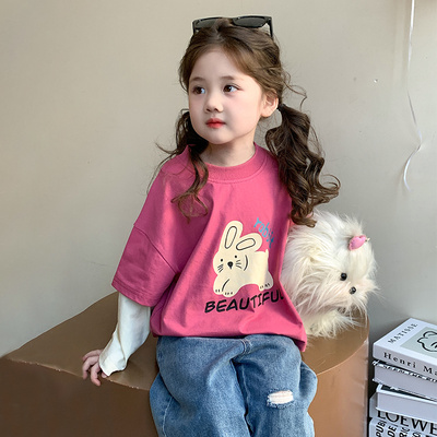 女童上衣2026新款春秋季女宝宝甜美圆领休闲百搭潮流款假两件T恤
