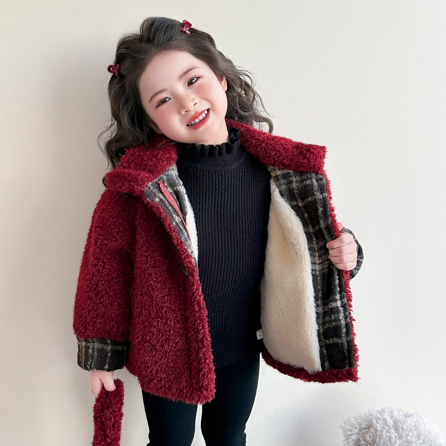 女童外套连帽羊羔毛红色加厚毛毛绒拉链开衫冬季保暖儿童立领大衣