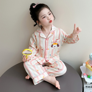 春秋新款 纯棉纱布儿童款 翻领开衫 长裤 家居服 条纹长袖 女童睡衣套装