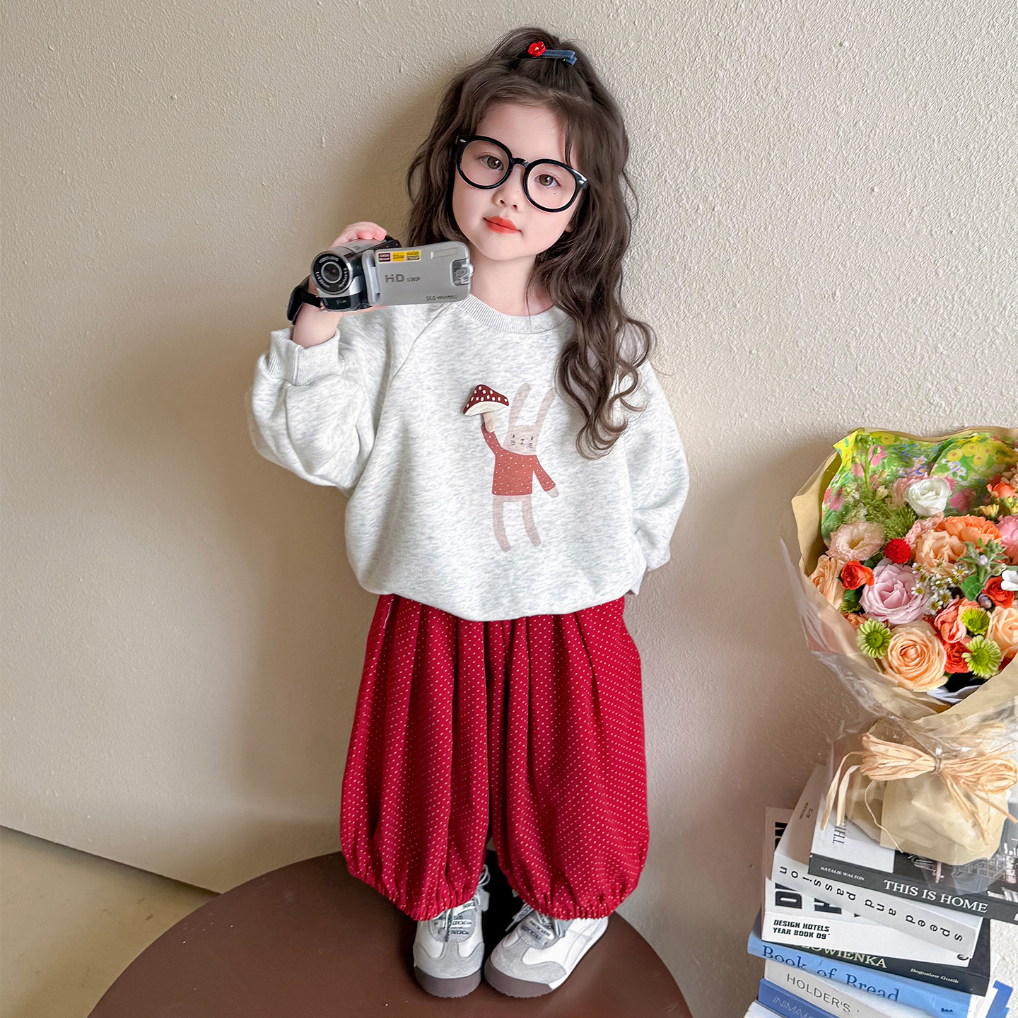 女童套装2025新款儿童春秋可爱长袖卫衣波点灯笼裤休闲两件套洋气
