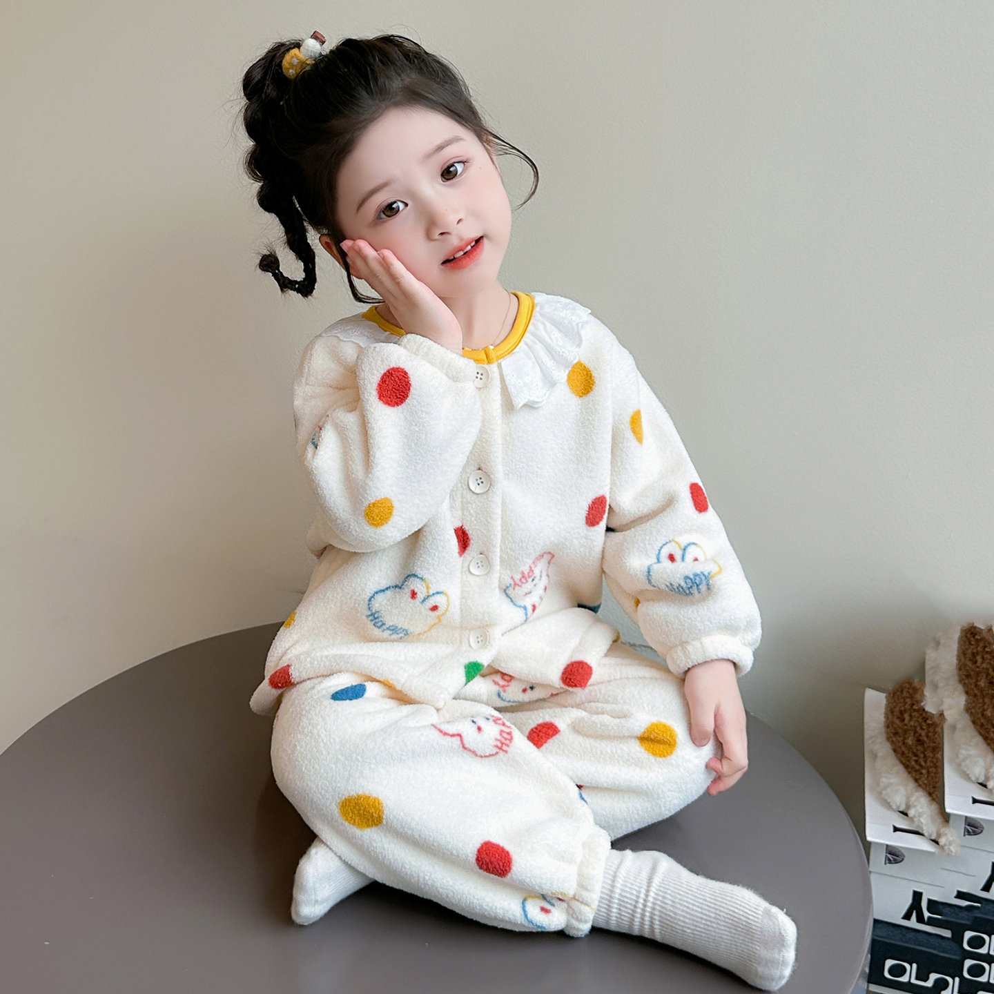 女童睡衣套装2025新款珊瑚绒秋冬儿童雪粒绒花边开衫法兰绒家居服