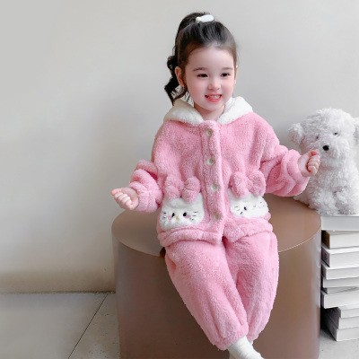 女童睡衣套装2025新款卡通珊瑚绒家居服冬装加厚保暖洋气法兰绒款