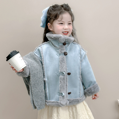 女童外套2025新款秋冬款儿童加厚毛毛衣女宝宝保暖高领上衣加绒款