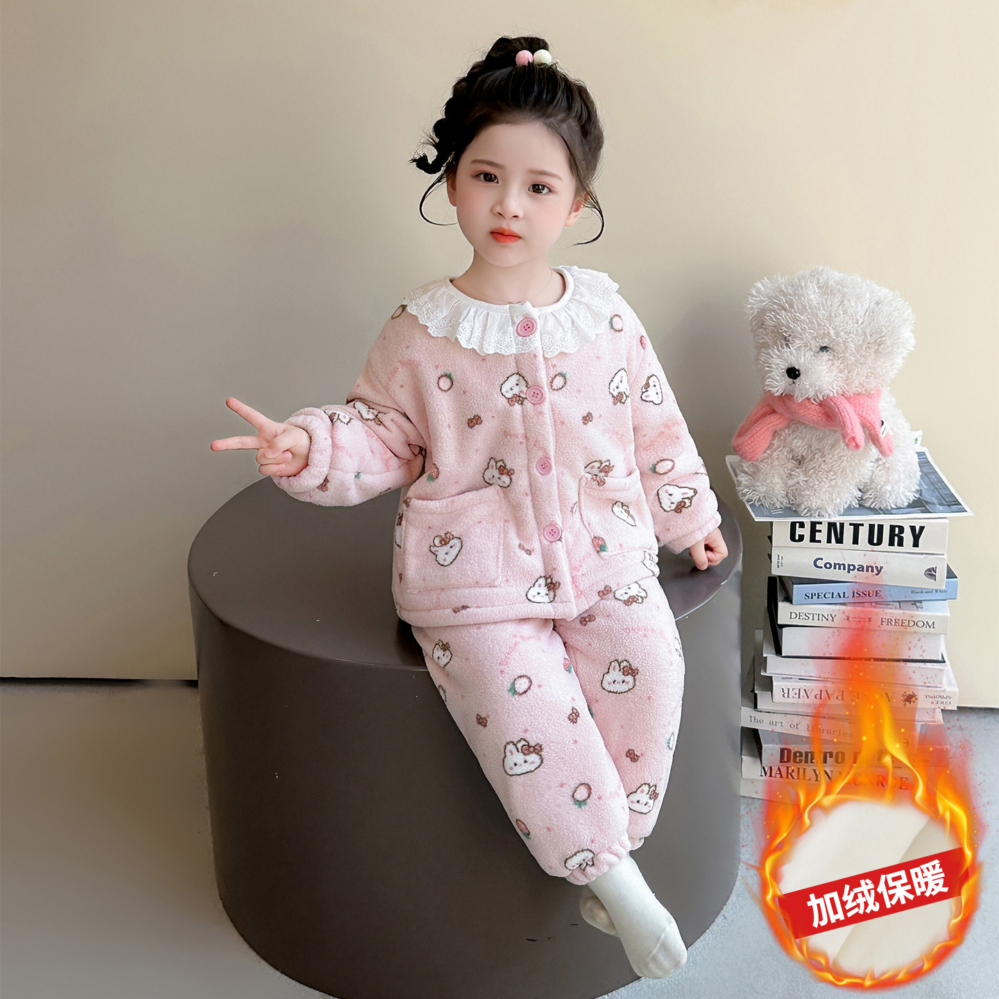女童睡衣套装2025新款秋冬女宝宝保暖珊瑚绒双层加厚法兰绒家居服