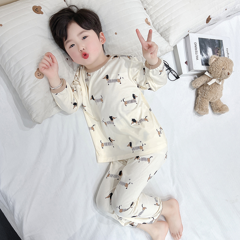 男童家居服睡衣2025新品春夏男宝宝拼色圆领莫代尔长袖长裤款套装