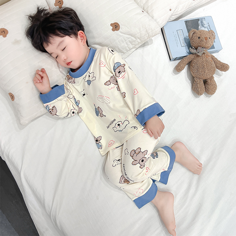 男童睡衣套装2025新款春秋季男宝宝蓝色小狗可爱休闲圆领款家居服