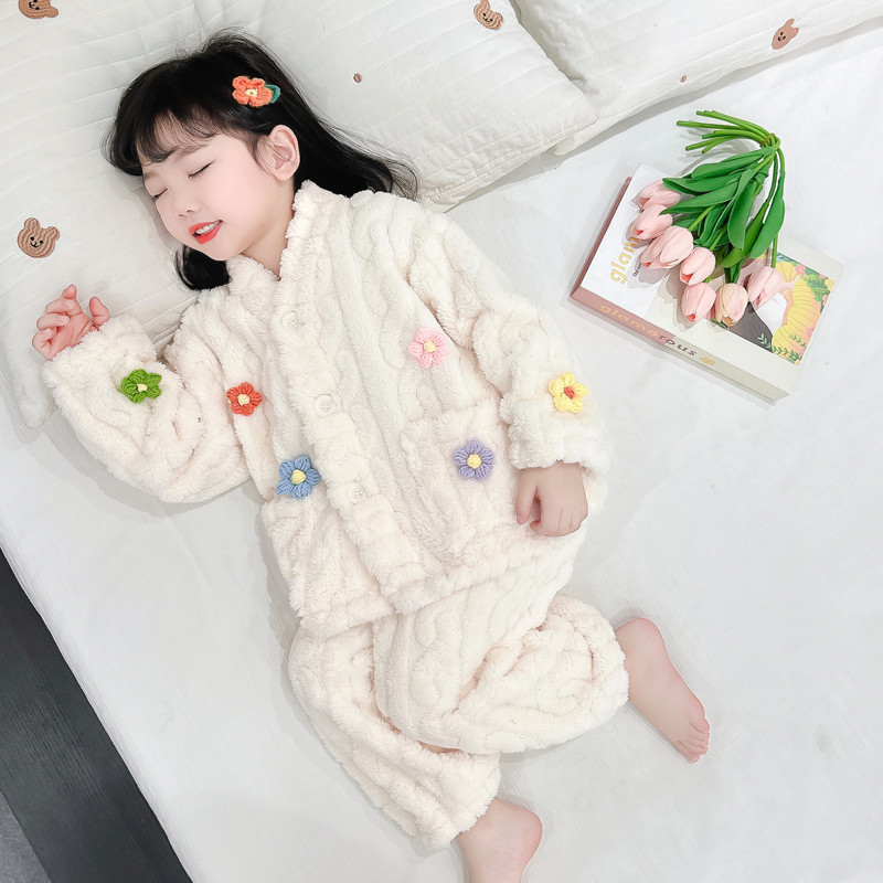 女童睡衣2025新款春秋冬麻花多色花朵开衫珊瑚绒女宝宝保暖款套装