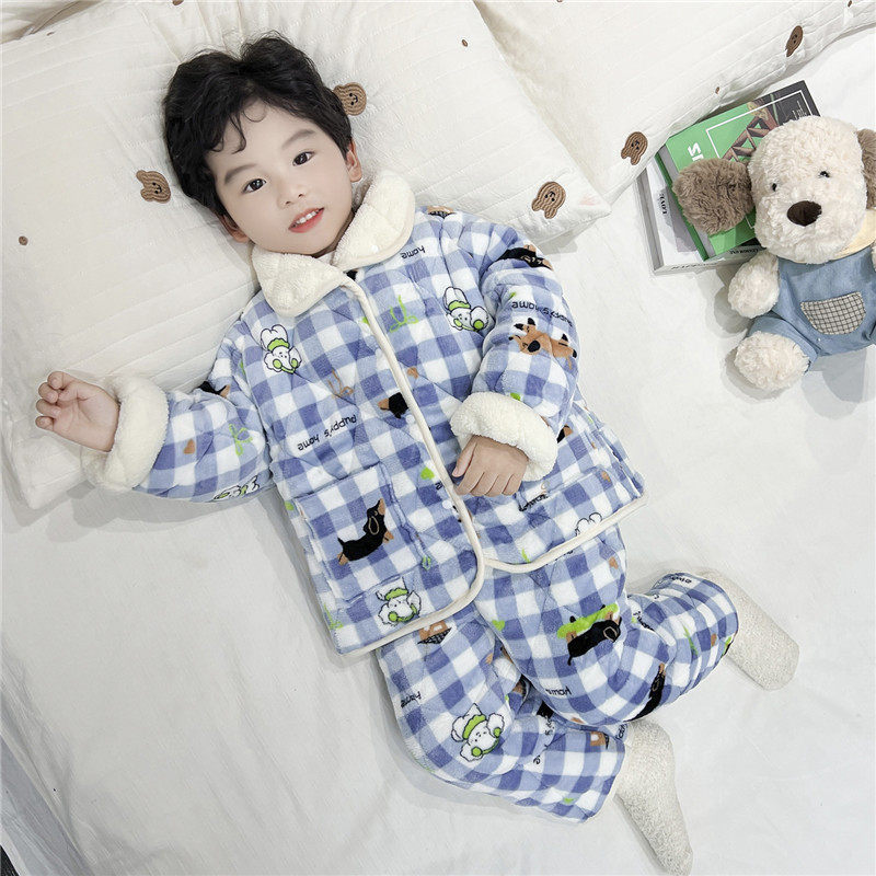 男童睡衣套装2025新款保暖法兰绒一体绒加绒加厚三层珊瑚绒家居服