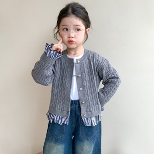 上衣潮 儿童学院风花边格子袖 女童毛衣2025新款 女宝宝春秋针织开衫