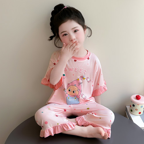女童睡衣套装莫代尔女宝宝休闲春夏圆点KT猫星星人空调服儿童两件