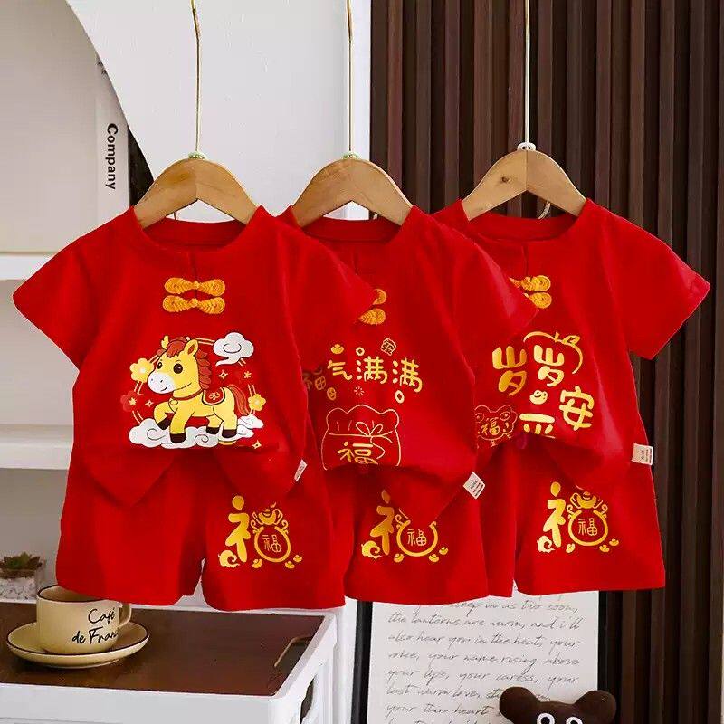 儿童短袖套装唐装纯棉夏季新款红色周岁服百天满月喜气衣服新品