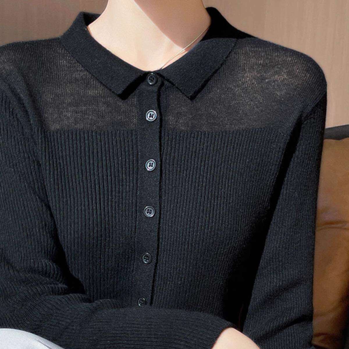 2025春季新款洋气休闲翻领针织毛衣女气质POLO领薄款外穿开衫上衣