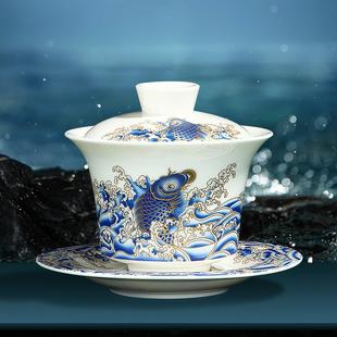 悬停羊脂玉瓷三才盖碗公司活动店铺开业LOGO礼品定制简约家用泡茶