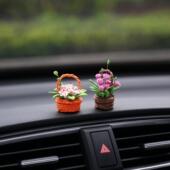 超迷你编织小花篮汽车摆件可爱精致陶土车载车内小花瓶治愈装 饰品