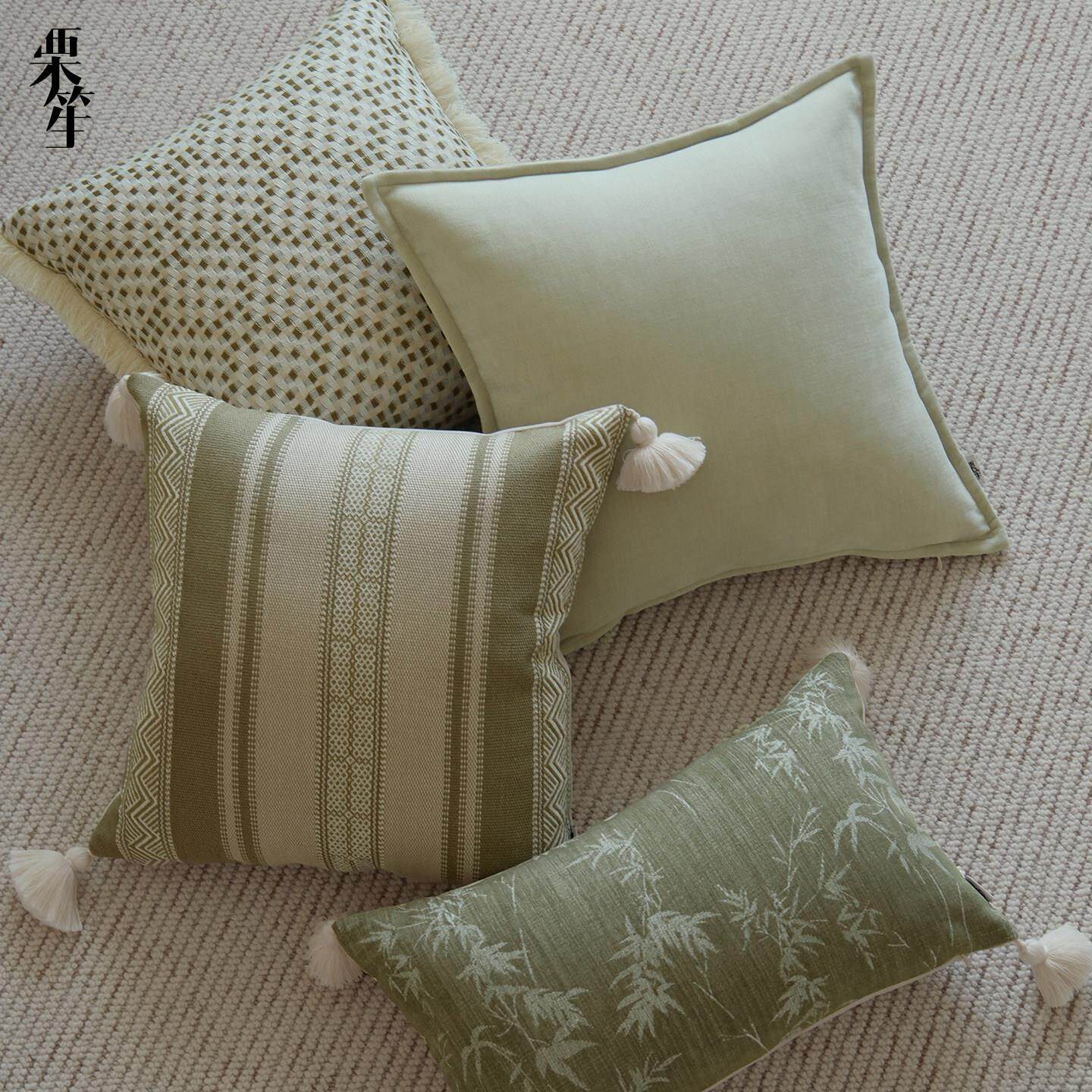 中古宋式美学绿色系棉麻组合抱枕客厅沙发靠垫民宿酒店高级感靠垫