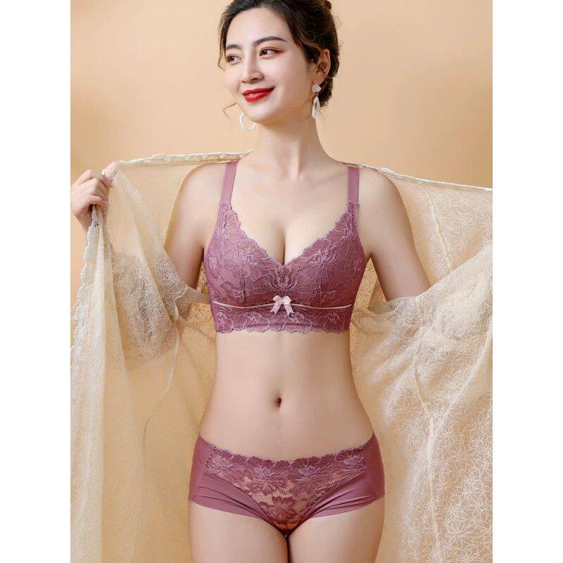 无钢圈舒适四排扣小胸聚拢收副乳上托防下垂胸罩蕾丝乳胶文胸套装