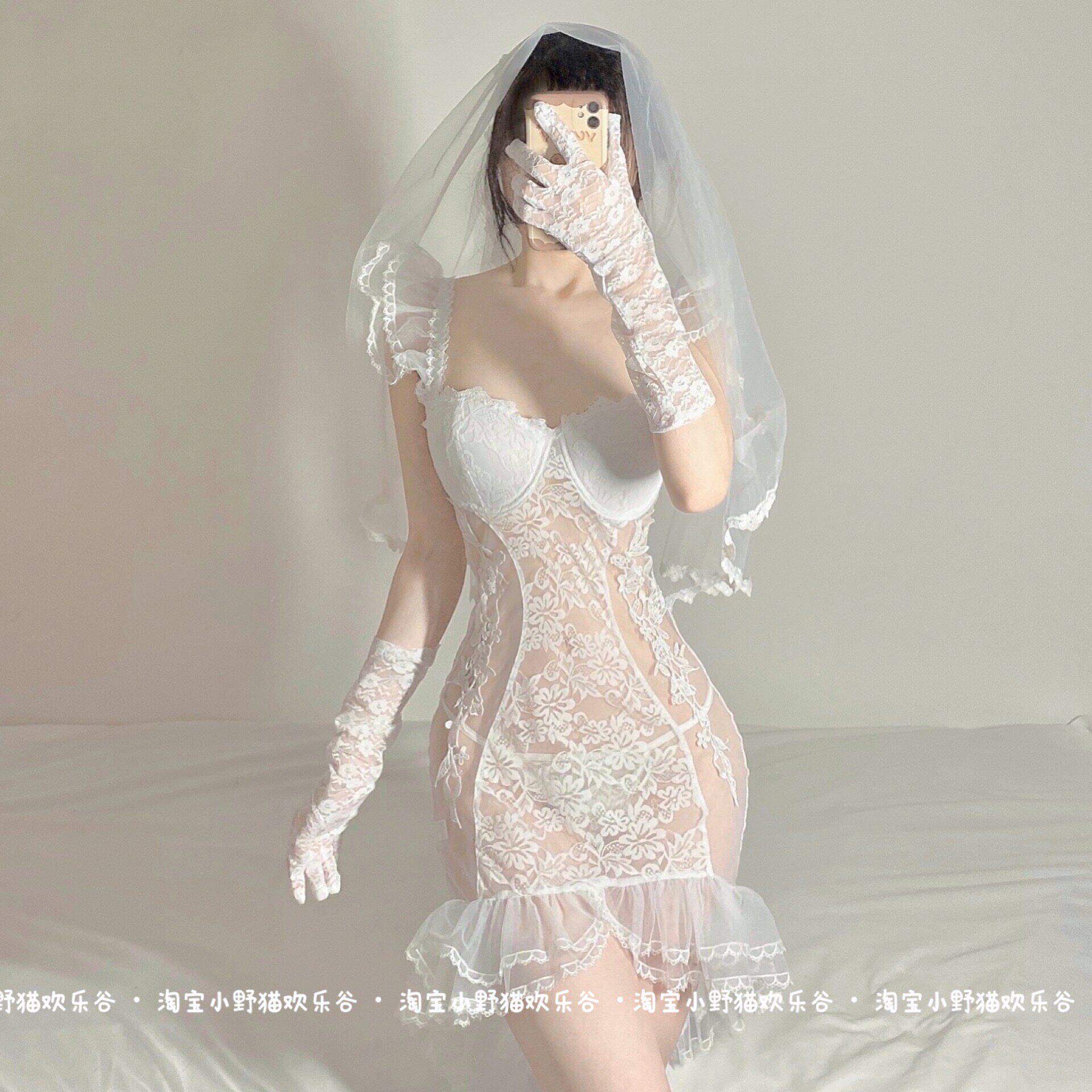 白色网纱蕾丝新娘睡裙 嫁给你啦高端私房写真蜜月制服睡衣均码