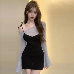 純欲性感拼色不規則修身 顯瘦針織連衣裙女 時尚 小霸王拼色曲線新款